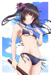 1girl absurdres armpits bikini black_bikini black_hair breasts closed_mouth cloud cloudy_sky eyebrows_hidden_by_hair feet_out_of_frame groin hair_ribbon highres holding holding_stick looking_at_viewer looking_down miyabi_mt-b navel red_eyes red_ribbon ribbon senki_zesshou_symphogear signature sky small_breasts smile solo stick stomach swimsuit tsukuyomi_shirabe twintails underboob unworn_blindfold