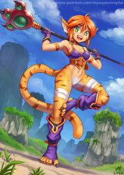 Rule 34 | :d, animal ears, armlet, arms up, balancing, bandaged leg, bandages, black nails, breasts, breath of fire, breath of fire ii, bustier, cat ears, cat tail, cleavage, cliff, dated, fingerless gloves, from below, gloves, green eyes, holding, holding weapon, looking at viewer, maxa&#039;, medium breasts, nature, no pants, open mouth, orange fur, orange hair, plant, rinpoo chuan, sharp toenails, signature, sky, smile, staff, striped, tail, teeth, tiger girl, toeless footwear, toenails, upper teeth only, watermark, weapon, weapon across shoulders