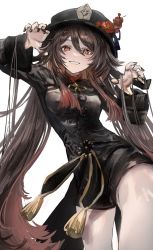 Rule 34 | 1girl, absurdres, black hat, black jacket, black nails, black shorts, breasts, brown hair, chinese clothes, claw pose, commentary, cowboy shot, flower, flower knot, gawako, genshin impact, gradient hair, hair between eyes, hand in own hair, hat, hat flower, highres, hu tao (genshin impact), jacket, jewelry, long hair, looking at viewer, medium breasts, multicolored hair, multiple rings, nail polish, orange eyes, parted lips, plum blossoms, porkpie hat, red hair, red shirt, ring, shirt, short shorts, shorts, simple background, smile, solo, standing, tangzhuang, tassel, thighs, twintails, two-tone hair, very long hair, white background