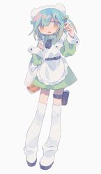 Rule 34 | 1girl, apron, aqua hair, arm up, bag, bandaid, bandaid on hand, belt, black belt, black necktie, boots, bow, censored, clenched hand, contrapposto, curled fingers, d:, daizu (melon-lemon), eyes visible through hair, film grain, frilled apron, frilled hairband, frills, full body, gradient eyes, gradient hair, green bow, grey background, hair between eyes, hair bow, hairband, hand up, high collar, highres, holding, holding bag, long sleeves, looking at viewer, medium hair, mosaic censoring, multicolored eyes, multicolored hair, necktie, no nose, open mouth, orange eyes, original, parted lips, plastic bag, puffy long sleeves, puffy sleeves, short necktie, simple background, sleeve cuffs, solo, standing, sweat, thigh boots, thighhighs, two-tone hair, two side up, white apron, white footwear, white hairband