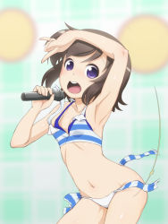 10s 1girl areola_slip armpits bad_id bad_pixiv_id bikini blush bra breasts brown_hair female_focus futsuu_no_joshikousei_ga_locodol_yattemita highres microphone navel open_mouth short_hair side-tie_bikini_bottom small_breasts solo swimsuit takeda_yukimura underwear untied usami_nanako wardrobe_malfunction