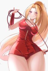 Rule 34 | 1girl, blonde hair, breasts, closed mouth, dress, highres, holding, kagin (kagou shita nanika), large breasts, long hair, looking at viewer, ponytail, red dress, short dress, shynesslady, simple background, smile, solo, star ocean, star ocean the second story, strapless, very long hair, whip, white background