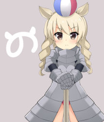 Rule 34 | &gt;:(, 10s, 1girl, animal ears, armor, armored dress, ball, blonde hair, brown eyes, closed mouth, curly hair, frown, gauntlets, grey background, hands on hilt, japari symbol, kemono friends, long hair, maccha, own hands together, panties, pauldrons, red panties, rhinoceros ears, shoulder armor, simple background, solo, underwear, v-shaped eyebrows, white rhinoceros (kemono friends)