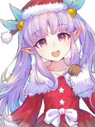 Rule 34 | 1girl, blush, breasts, child, elf, hat, highres, kyoka (princess connect!), looking at viewer, merry christmas, open mouth, pointy ears, princess connect!, purple eyes, purple hair, small breasts, twintails, yako noir