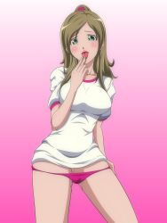 Rule 34 | 10s, 1girl, blush, breasts, brown hair, eyelashes, gradient background, green eyes, half updo, highres, igatto, large breasts, looking at viewer, minamino kanade, panties, panty pull, ponytail, precure, pussy juice, simple background, solo, suite precure, tongue, underwear, wet, wet clothes, wet panties