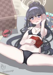 Rule 34 | 1girl, absurdres, bikini, black bikini, black hair, blue archive, blue eyes, blush, book, breasts, commentary, crab, glasses, hair between eyes, hairband, halo, highres, jewelry, long hair, navel, necklace, nomeazog, small breasts, spread legs, swimsuit, ui (blue archive), ui (swimsuit) (blue archive)