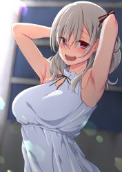 Rule 34 | 1girl, armpits, arms up, blurry, blurry background, breasts, commentary request, dress, embarrassed, grey hair, hair between eyes, hair ribbon, highres, komagome azuzu, lens flare, looking at viewer, medium breasts, medium hair, nervous smile, ocza, open mouth, presenting armpit, red eyes, ribbon, senyoku no sigrdrifa, smile, solo, standing, teeth, upper body, upper teeth only, white dress, window