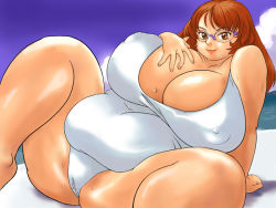 Rule 34 | 1girl, artist request, breasts, brown eyes, brown hair, cleavage, fat, glasses, huge breasts, obese, sweat, swimsuit