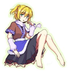 Rule 34 | 1girl, arm warmers, barefoot, black shirt, black skirt, blonde hair, blush, breasts, brown jacket, commentary request, full body, green eyes, hair between eyes, half updo, isaki (gomi), jacket, looking at viewer, medium hair, mizuhashi parsee, multicolored clothes, multicolored jacket, oekaki, open mouth, pointy ears, shirt, short ponytail, short sleeves, skirt, small breasts, solo, touhou