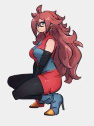 Rule 34 | 1girl, android 21, asymmetrical footwear, blue footwear, breasts, checkered clothes, checkered dress, dragon ball, dragon ball fighterz, dress, earrings, full body, glasses, hoop earrings, jewelry, kemachiku, long hair, looking at viewer, medium breasts, mismatched footwear, pantyhose, red eyes, red footwear, red hair, solo, squatting