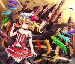 Rule 34 | 1girl, adapted costume, alternate wings, apple, arm garter, arm ribbon, bat (animal), black thighhighs, blonde hair, bow, breasts, cleavage, collarbone, corsage, corset, feathers, female focus, flandre scarlet, food, fruit, hat, hat ribbon, midriff, navel, plant, red eyes, ribbon, shirt, side ponytail, skirt, skirt set, small breasts, solo, sumapan, thighhighs, touhou, vines, wings, zettai ryouiki