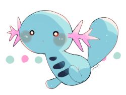 Rule 34 | animal focus, blue skin, blush, colored skin, commentary request, creatures (company), game freak, gen 2 pokemon, gills, hanabusaoekaki, highres, nintendo, no humans, pokemon, pokemon (creature), simple background, solid circle eyes, solo, tail, translation request, white background, wooper