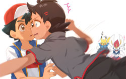 Rule 34 | 2boys, ^^^, ash ketchum, black pants, blue jacket, blush, brown hair, cinderace, commentary request, creatures (company), eye contact, face-to-face, game freak, gen 1 pokemon, gen 4 pokemon, gen 8 pokemon, goh (pokemon), grey shirt, hair ornament, imminent kiss, jacket, looking at another, lucario, male focus, motion blur, motion lines, multiple boys, nintendo, open mouth, pants, pikachu, pokemon, pokemon (anime), pokemon (creature), pokemon journeys, shirt, short sleeves, side slit, sleeveless, sleeveless jacket, t-shirt, tongue, white shirt, yaoi, ze (0enmaitake)