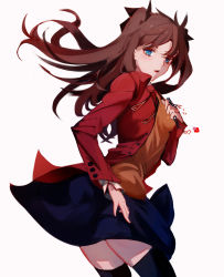 Rule 34 | 1girl, black skirt, black thighhighs, blue eyes, breasts, broken, broken chain, brown hair, chain, chinese commentary, commentary request, fate/stay night, fate (series), from side, gem, hair between eyes, hand on own chest, highres, jacket, jewelry, long hair, long sleeves, looking at viewer, oiessw, open mouth, parted lips, pendant, red gemstone, red jacket, simple background, skirt, solo, standing, thighhighs, tohsaka rin, tsundere, twintails, two side up, white background, zettai ryouiki
