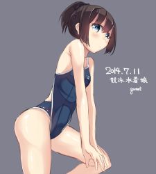 Rule 34 | 1girl, artist name, blue eyes, blush, competition school swimsuit, competition swimsuit, dated, garnet, grey background, highres, one-piece swimsuit, original, ponytail, school swimsuit, short ponytail, signature, solo, swimsuit