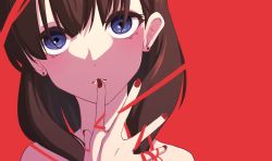 Rule 34 | 1girl, :o, brown hair, earrings, expressionless, female focus, head tilt, highres, idolmaster, idolmaster cinderella girls, jewelry, looking at viewer, nail polish, portrait, red background, sakuma mayu, simple background, solo, string, string of fate, stud earrings, tantei001, yandere