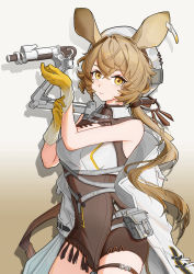 Rule 34 | 1girl, absurdres, adjusting clothes, adjusting gloves, animal ears, arknights, bare shoulders, belt, belt pouch, breasts, brown hair, brown skirt, closed mouth, coat, cowboy shot, dorothy (arknights), gloves, gun, hat, high-waist skirt, highres, long hair, looking at viewer, low ponytail, medium breasts, mouse ears, mrdaji, pouch, shirt, skirt, sleeveless, sleeveless shirt, solo, tassel, thigh strap, unworn coat, very long hair, weapon, white coat, white hat, white shirt, yellow eyes, yellow gloves