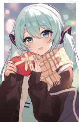 Rule 34 | 1girl, absurdres, aqua eyes, aqua hair, aqua nails, aqua necktie, black jacket, blush, box, casual, commentary, gift, hair between eyes, hair ornament, harutoto, hatsune miku, heart-shaped box, highres, holding, holding box, holding gift, jacket, light particles, long hair, long sleeves, looking at viewer, necktie, open mouth, scarf, solo, symbol-only commentary, twintails, upper body, valentine, vocaloid