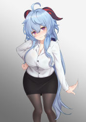 Rule 34 | 1girl, absurdres, ahoge, black pantyhose, black skirt, blouse, blue hair, blush, breasts, closed mouth, contemporary, ganyu (genshin impact), genshin impact, goat horns, gradient background, grey background, heart, heart-shaped pupils, highres, horns, kong ting, large breasts, long hair, long sleeves, looking at viewer, pantyhose, purple eyes, shirt, shirt tucked in, simple background, skirt, smile, standing, symbol-shaped pupils, white shirt