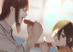 Rule 34 | 2girls, black hair, black necktie, bread slice, breakfast, business suit, chainsaw man, closed eyes, eating, eyelashes, food, food on face, formal, hair between eyes, highres, long hair, looking at viewer, makima (chainsaw man), medium hair, mole, mole under eye, mother and daughter, multiple girls, nayuta (chainsaw man), necktie, ringed eyes, sleeves pushed up, suit, time paradox, toast, toukaairab