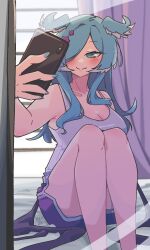 Rule 34 | 1girl, aqua nails, blue eyes, blue hair, blush, breasts, cleavage, curtains, dolphin shorts, dragon girl, elira pendora, fang, hair ornament, hair over one eye, head wings, highres, holding, holding phone, indoors, large breasts, long hair, looking at viewer, lyneriee, mirror, mole, mole on breast, mole on thigh, nail polish, nijisanji, nijisanji en, phone, shorts, sitting, skin fang, smile, solo, symbol-shaped pupils, tank top, virtual youtuber, wings, x hair ornament