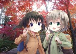 Rule 34 | 10s, 2girls, :d, autumn leaves, backpack, bag, black shirt, blush, brown hair, brown jacket, commentary request, day, fingernails, green eyes, green jacket, grin, hair between eyes, hair ornament, hairclip, hand up, holding, holding leaf, jacket, kuraue hinata, leaf, multiple girls, neki (wakiko), open clothes, open jacket, open mouth, outdoors, photo background, purple eyes, shirt, smile, twintails, upper body, v, yama no susume, yukimura aoi