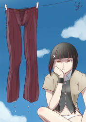 Rule 34 | 1girl, annoyed, artist name, black hair, black shirt, black wristband, blue sky, blunt bangs, bob cut, bow, bow panties, breasts, brown eyes, brown pants, brown shirt, button gap, closed mouth, clothes pin, clothesline, cloud, commentary, crossed legs, dated, dripping, elbow rest, floating hair, frown, hair ornament, hairclip, hand on own face, head rest, huumoon, kagenui yozuru, medium breasts, midriff, monogatari (series), multicolored hair, navel, no pants, one-hour drawing challenge, open clothes, open shirt, outdoors, overshirt, panties, pants, red hair, shaded face, shirt, short hair, short sleeves, signature, sitting, sky, solo, streaked hair, striped clothes, striped pants, suspenders, underwear, unworn pants, unzipped, v-shaped eyebrows, vertical-striped clothes, vertical-striped pants, water drop, wet, wet clothes, white panties, wind, wristband