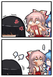 Rule 34 | ..., 2koma, 3girls, puff of air, akanbe, anger vein, black hair, blue dress, blue hair, bow, bowtie, chibi, chinese commentary, cirno, comic, commentary request, constricted pupils, cross-eyed, dress, eyelid pull, fujiwara no mokou, hair bow, hand up, houraisan kaguya, ice, ice wings, jitome, jokanhiyou, long hair, looking at another, mouth pull, multiple girls, pants, pinafore dress, pink hair, puffy short sleeves, puffy sleeves, red bow, red neckwear, red pants, shirt, short sleeves, sidelocks, simple background, sleeveless, sleeveless dress, spoken ellipsis, suspenders, tongue, tongue out, touhou, upper body, very long hair, white background, white bow, white shirt, wings