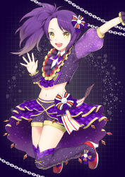 Rule 34 | 1girl, :d, arm up, chain, collared shirt, cropped jacket, full body, hair ornament, hand up, high heels, idol clothes, jacket, long hair, looking at viewer, midriff, open mouth, overskirt, pretty series, pripara, purple background, purple hair, purple jacket, purple shorts, red footwear, shirt, shorts, side ponytail, smile, solo, toudou shion, unya (unya-unya), white shirt, wrist cuffs, yellow eyes