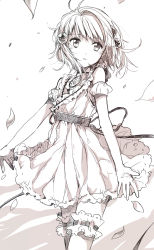 Rule 34 | 1girl, ahoge, bad id, bad tumblr id, bridal garter, detached sleeves, dress, fly 333, hair bobbles, hair ornament, highres, monochrome, parted lips, petals, puffy sleeves, reala (tales), short hair, sketch, solo, tales of (series), tales of destiny 2