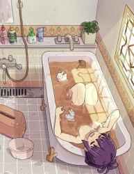 Rule 34 | 1girl, arm rest, bath stool, bathing, bathtub, blush, breasts, bucket, claw foot bathtub, closed eyes, collarbone, commentary request, drain (object), facing viewer, faucet, from above, full body, gochuumon wa usagi desu ka?, hair between eyes, hand on own cheek, hand on own face, highres, indoors, knees up, medium breasts, mirror, mohei, nude, open mouth, partial commentary, plant, potted plant, purple hair, single sidelock, sitting, soap bottle, solo, stool, tedeza rize, water, window