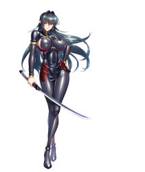 Rule 34 | 1girl, annerose vajra, black hair, bodysuit, breasts, cropped jacket, full body, highres, holding, holding sword, holding weapon, impossible clothes, kagami hirotaka, koutetsu no majo anneroze, large breasts, latex, long hair, official art, pointy ears, sideboob, simple background, smile, solo, sword, taimanin (series), taimanin rpgx, very long hair, weapon, white background, yellow eyes, zipper, zipper pull tab