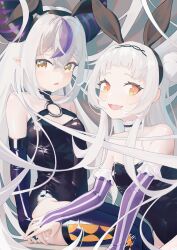 Rule 34 | 2girls, absurdres, alternate costume, animal ears, arched bangs, ascot, bare shoulders, black horns, black leotard, blush, braid, braided bangs, elbow gloves, fake animal ears, gloves, grey hair, highres, hololive, horns, la+ darknesss, leotard, looking at viewer, multicolored hair, multiple girls, murasaki shion, o-ring, open mouth, playboy bunny, pointy ears, purple hair, rabbit ears, smile, strapless, strapless leotard, striped clothes, striped gloves, thighhighs, virtual youtuber, wannatchears, yellow eyes