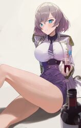 Rule 34 | 1girl, blue eyes, blush, bob cut, bottle, breasts, buttons, closed mouth, cup, double-breasted, drinking glass, epaulettes, gridman universe, high-waist skirt, highres, large breasts, m.q (mqkyrie), mujina, necktie, simple background, sitting, skin tight, skirt, solo, ssss.dynazenon, wine bottle, wine glass
