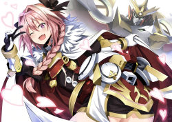 Rule 34 | 1boy, ;d, absurdres, arm up, armor, astolfo (fate), black bow, black gloves, bow, braid, cloak, commentary request, cowboy shot, fang, fate/apocrypha, fate (series), faulds, fur-trimmed cloak, fur collar, fur trim, gauntlets, gloves, gorget, hair between eyes, hair bow, hair intakes, hair ribbon, heart, highres, leaning forward, long hair, looking at viewer, looking to the side, male focus, mecha, multicolored hair, one eye closed, open mouth, pink eyes, pink hair, red armor, ribbon, robot, single braid, smile, standing, streaked hair, trap, v, white background, white cloak, white hair, zelitto