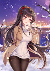 Rule 34 | 1girl, :d, absurdres, agano (azur lane), agano (dating game?) (azur lane), ahoge, aran sweater, arm behind back, artist name, azur lane, bad id, bad pixiv id, bare tree, black pantyhose, blunt bangs, blurry, blurry background, blush, bow, breasts, brown coat, cable knit, cityscape, coat, commentary request, cowboy shot, dated, depth of field, dress, fang, gluteal fold, hair bow, hand up, highres, large breasts, long hair, long sleeves, looking at viewer, miaogujun, open clothes, open coat, open mouth, pantyhose, ponytail, railing, red bow, red eyes, short dress, skin fang, smile, snow, snowflakes, snowing, solo, sweater, sweater dress, thigh gap, thighband pantyhose, tree, turtleneck, turtleneck sweater, very long hair, white dress