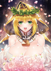 Rule 34 | 1girl, :d, ahoge, blonde hair, bouquet, breasts, bride, chain, cleavage, detached collar, fate/grand order, fate (series), flower, green eyes, hair intakes, head wreath, holding, holding bouquet, huge breasts, kurumi moka, lock, looking at viewer, nero claudius (bride) (fate), nero claudius (bride) (third ascension) (fate), nero claudius (fate), nero claudius (fate) (all), open mouth, padlock, petals, pink flower, pink rose, puffy sleeves, rose, rose petals, short hair, smile, solo, upper body, veil, white flower, white sleeves