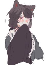 Rule 34 | 1girl, animal ears, black hair, blush, chinese commentary, commentary request, crying, crying with eyes open, dog ears, highres, inui toko, lingyi, long hair, nijisanji, simple background, solo, tears, upper body, virtual youtuber, white background, yellow eyes