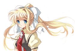 Rule 34 | 1girl, air (visual novel), blonde hair, blue eyes, blush, bow, commentary request, cross, eyes visible through hair, floating hair, hair between eyes, hair bow, kamio misuzu, long hair, longmei er de tuzi, looking at viewer, necktie, parted lips, puffy short sleeves, puffy sleeves, red necktie, retro artstyle, school uniform, shirt, short sleeves, sidelocks, simple background, single hair intake, sketch, solo, upper body, very long hair, white background, white bow, wing collar, yellow shirt