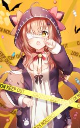 Rule 34 | 1girl, :o, ahoge, animal ears, animal hood, bandages, bell, black jacket, bow, breasts, brown hair, caution tape, cleavage, collarbone, commentary request, dress, ear bow, eyepatch, fake animal ears, fang, hair between eyes, hand up, highres, hood, hood up, hooded jacket, jacket, jingle bell, keep out, long hair, long sleeves, looking at viewer, mashiro aa, medical eyepatch, medium breasts, neck bell, hugging object, original, puffy long sleeves, puffy sleeves, red bow, solo, stuffed animal, stuffed cat, stuffed toy, white dress, yellow eyes