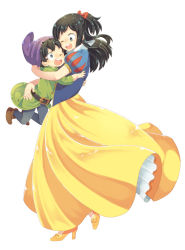 Rule 34 | ;d, belt, black hair, blue dress, blush, bow, brown footwear, cosplay, dopey (snow white), dopey (snow white) (cosplay), dress, eye contact, freckles, green eyes, hair bow, hat, high heels, highres, hug, long hair, looking at another, midoriya inko, midoriya izuku, mother and son, one eye closed, open mouth, puffy short sleeves, puffy sleeves, purple hat, red bow, short sleeves, simple background, smile, snow white and the seven dwarfs, standing, uppi, white background, yellow dress, yellow footwear