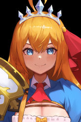 Rule 34 | 1girl, ahoge, black background, blue eyes, blush, bow, braid, breasts, cleavage, closed mouth, collared shirt, commentary request, hair between eyes, hair ornament, hair ribbon, large breasts, long hair, looking at viewer, moth1, orange bow, orange hair, pecorine (princess connect!), princess connect!, puffy short sleeves, puffy sleeves, red neckwear, red ribbon, ribbon, shirt, short sleeves, side braid, simple background, smile, solo, tiara, upper body, v-shaped eyebrows, white ribbon