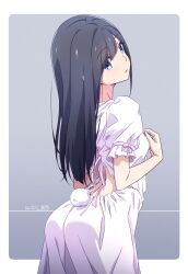 Rule 34 | 1girl, black hair, blue eyes, commentary request, dated, dress, fake tail, from behind, grey background, highres, long hair, looking at viewer, monai-chan (nii manabu), nii manabu, original, puffy short sleeves, puffy sleeves, rabbit tail, short sleeves, signature, solo, tail, two-tone background, white background, white dress