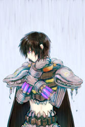Rule 34 | 1boy, armor, black cape, black hair, cape, closed mouth, commentary request, genetic (ragnarok online), hair between eyes, living clothes, looking to the side, male focus, midriff, misuguu, purple eyes, ragnarok online, rain, short hair, solo, teeth, upper body, wet