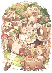 Rule 34 | 1girl, :o, animal ears, antlers, apron, blush, blush stickers, bow, brooch, brown dress, brown eyes, brown footwear, brown hair, brown ribbon, bug, bush, butterfly, buttons, cake, closed mouth, commentary, cup, deer, deer antlers, deer ears, deer girl, direction board, dress, flower, food, frilled dress, frilled socks, frills, fruit, full body, gem, grass, green bow, green eyes, green ribbon, hair between eyes, hair flower, hair ornament, hairclip, head scarf, holding, holding food, holding fruit, holding plate, honey, honey dipper, honeypot, horns, hyou (pixiv3677917), insect, jar, jewelry, log, long sleeves, looking at viewer, mary janes, mori girl, mushroom, neck ribbon, open mouth, original, pancake, pancake stack, plaid, plaid bow, plant, plate, raspberry, ribbon, shoes, short eyebrows, short hair, sidelocks, sign, simple background, sitting, sitting on log, socks, swiss roll, syrup, tea, teacup, teapot, thick eyebrows, tree, tree stump, white apron, white background, white headwear, white socks, yellow flower