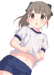Rule 34 | 1girl, absurdres, bad id, bad twitter id, black bow, blue shorts, blush, bow, brown eyes, brown hair, clothes lift, copyright request, cowboy shot, hair bow, highres, lifted by self, looking at viewer, navel, parted lips, ponytail, puffy short sleeves, puffy sleeves, sekina, shirt, shirt lift, short shorts, short sleeves, shorts, simple background, solo, standing, white background, white shirt