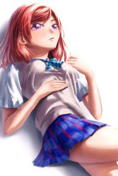 Rule 34 | 1girl, aqua bow, artist name, artist request, bare legs, blue bow, blue skirt, blush, bow, bowtie, breasts, checkered clothes, checkered skirt, collared shirt, female focus, hair between eyes, hand on stomach, looking at viewer, love live!, love live! school idol project, medium breasts, miniskirt, nishikino maki, otonokizaka school uniform, parted lips, plaid, plaid skirt, pleated, pleated skirt, purple eyes, red hair, school uniform, shirt, short hair, short sleeves, skirt, smile, solo, striped bow, striped bowtie, striped clothes, sweater, sweater vest, vest, white background, white shirt, wing collar, yellow vest