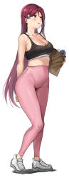 Rule 34 | 1girl, alternate breast size, bag, bare shoulders, black sports bra, breasts, collarbone, full body, hair ornament, high-waist pants, highres, holding, holding bag, leggings, long hair, looking to the side, love live!, love live! sunshine!!, pants, parted lips, pink pants, red hair, sakurauchi riko, shiny skin, shoes, simple background, skindentation, sneakers, solo, sports bra, sportswear, standing, tem10, very long hair, white footwear, yellow eyes, yoga pants