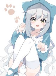 Rule 34 | animal ears, animal hands, blue dress, cat ears, commission, dress, fang, grey hair, long hair, looking at viewer, original, paw pose, skeb commission, solo, thighs, white legwear, yellow eyes, zeru (wisel army)