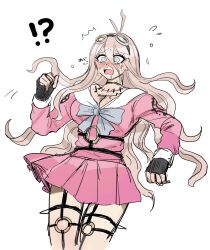 Rule 34 | !?, 1girl, abe riko, antenna hair, barbed wire, black gloves, blonde hair, blush, breasts, cleavage, cropped legs, danganronpa (series), danganronpa v3: killing harmony, fingerless gloves, gloves, goggles, goggles on head, hand up, highres, iruma miu, large breasts, long hair, miniskirt, o-ring, pink shirt, pink skirt, pleated skirt, sailor collar, saliva, shiny skin, shirt, simple background, skirt, solo, tears, teeth, upper teeth only, white background, white sailor collar